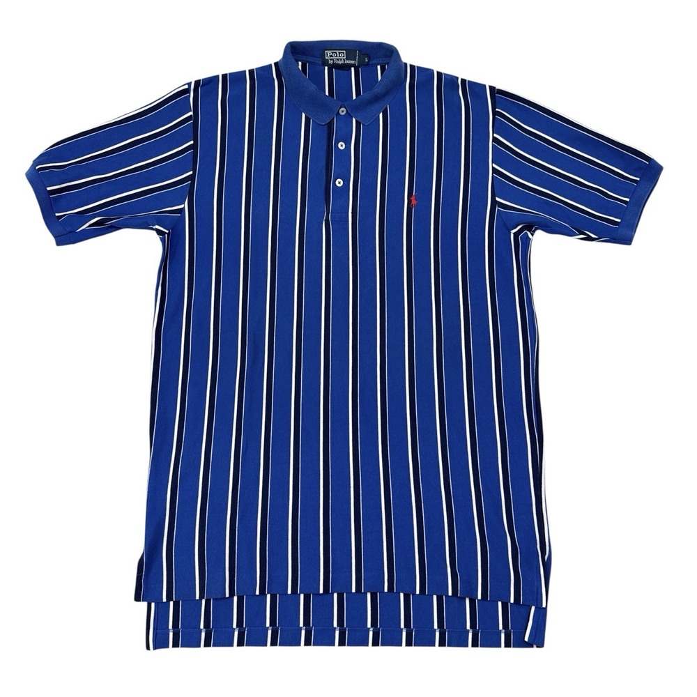Polo Ralph Lauren Polo Shirt Size Large Blue Striped Cotton Knit Short Sleeve